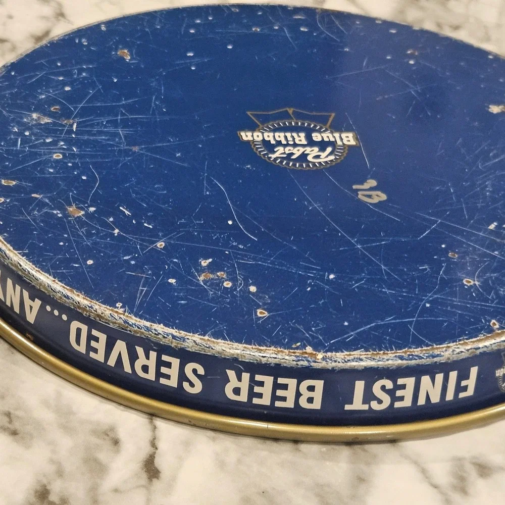 Vintage Pabst Blue Ribbon Beer Serving‎ Tray Metal Round Collectible Pub Decor